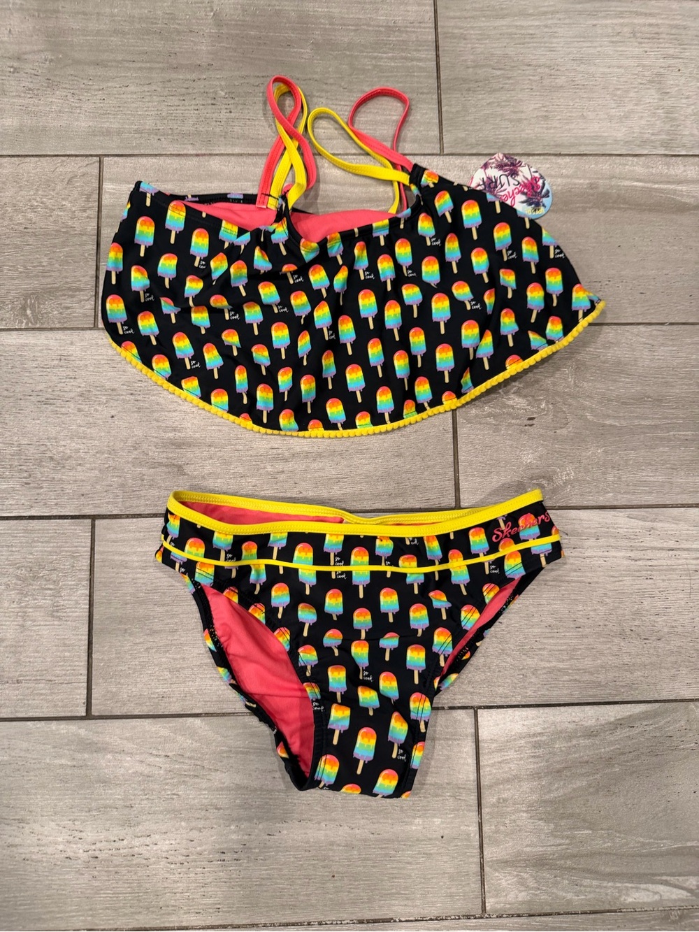 Skechers Black Girls Two-Piece Swim Set with Rainbow Popsicle Print